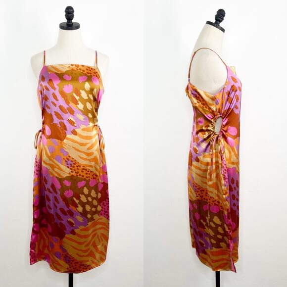 NWT Christian Lacroix Satin Printed Midi Dress Gold Pink Slip Party Vegas Size L - Picture 2 of 16